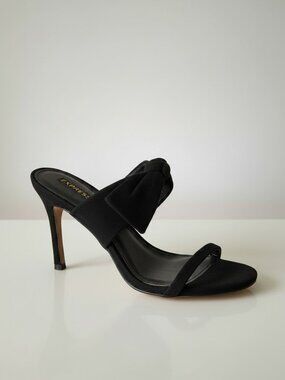 Express Bow Tie Sandals Mule Womens 9 Black Tie Faux Suede Evening Heel Stiletto